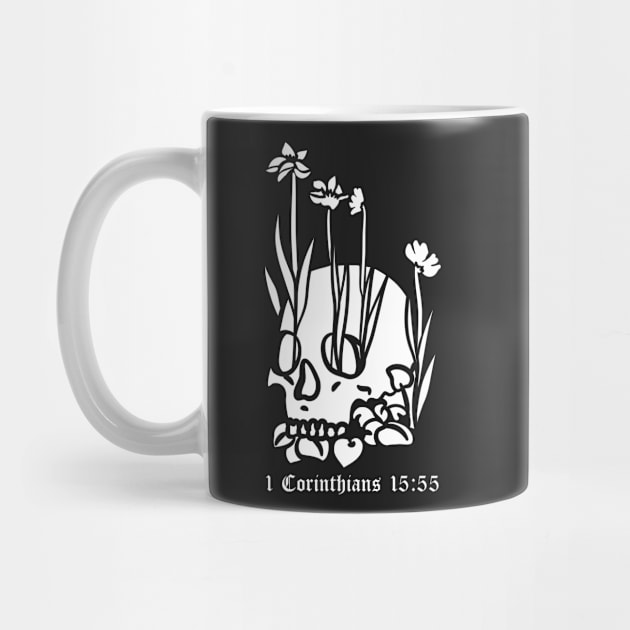 Skull with flowers 1 Corinthians 15:55 by thecamphillips